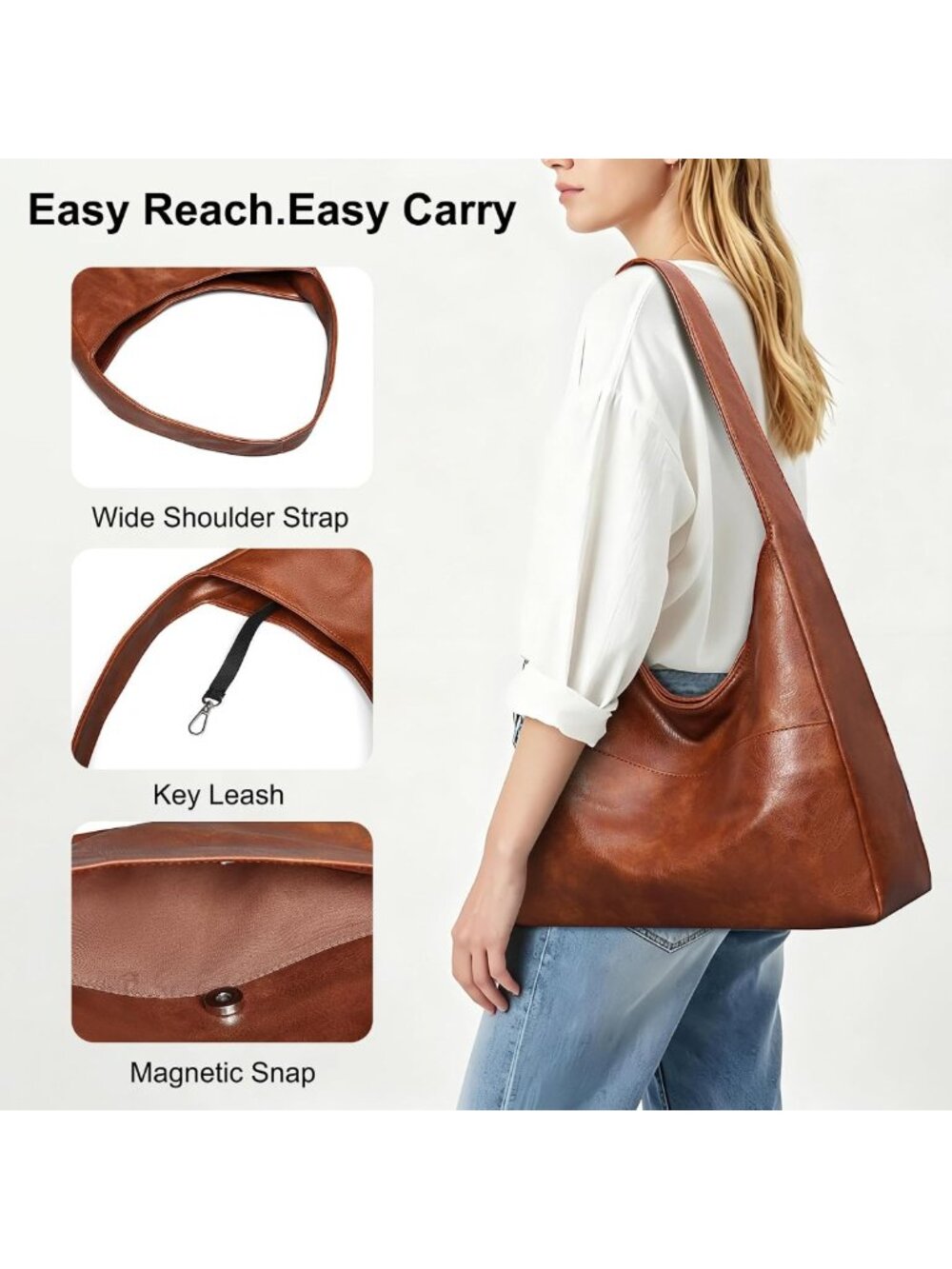 Stylish Leather Hobo Bag for Women | Soft Slouchy Tote, Fits 11" Tablet, Key - Picture 3 of 7